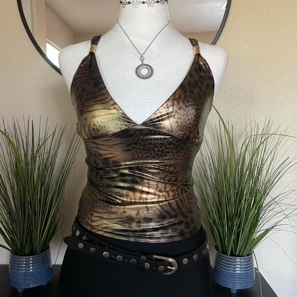 Vintage Leopard Print Gold Y2K Aesthetic Sleeveless Crop Women Metallic Sexy Top